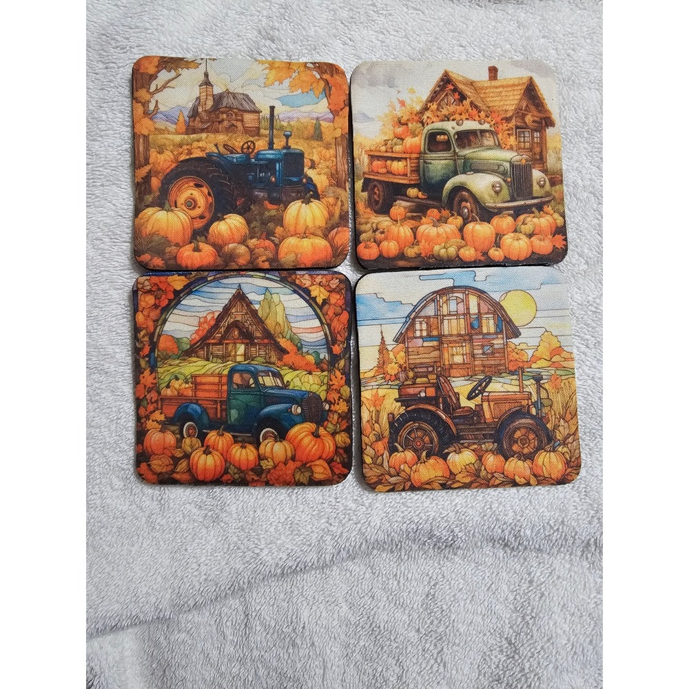 Fall Harvest Coasters Set‎ of 4 Pumpkin Truck Tractor Autumn Decor